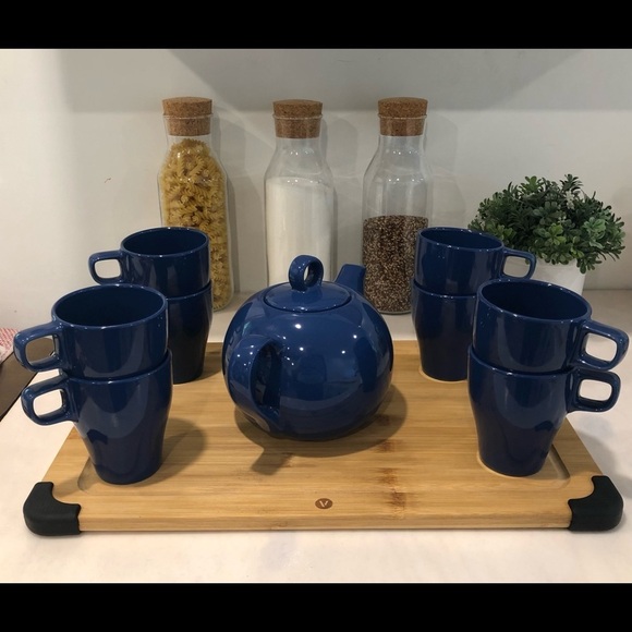 IKEA (8) set Fargrik Blue Coffee Tea Mugs and Teapot  Stackable 8oz - Picture 1 of 9